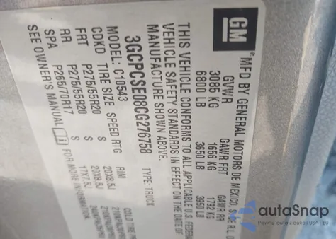 2012 Chevrolet Silverado 1500 Lt z USA, uszkodzony, nr VIN 3GCPCSE08CG276758